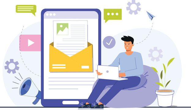 An illustration of efficient email management for business growth, featuring a digital workspace with organized inboxes, categorized emails, quick replies, and productivity tools