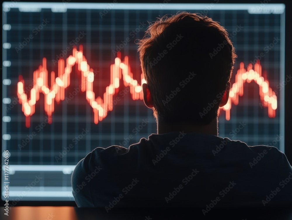 Poster individual analyzing financial graphs on computer screen in dark environment