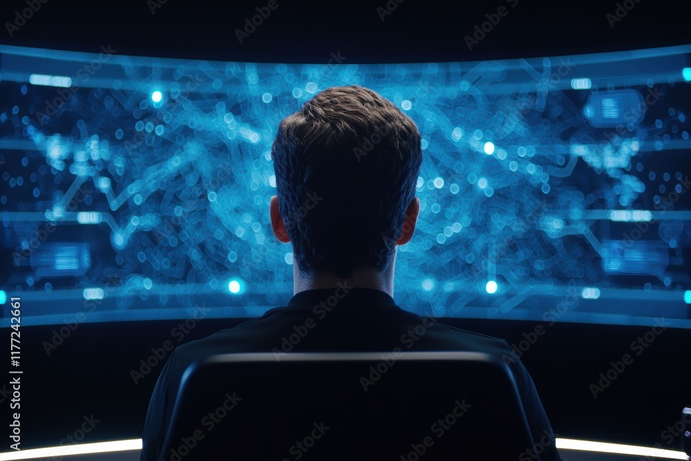 Poster man observing advanced technology interface with digital data visualization