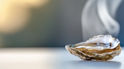 Open oyster shell with mist rising and blue background
