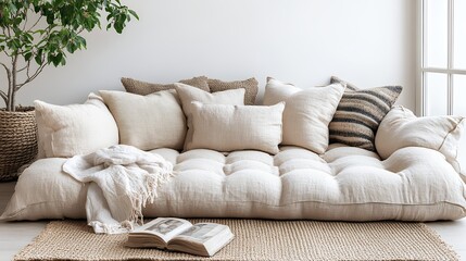 Luxurious Linen Floor Sofa with Cushions Modern Living Room Design