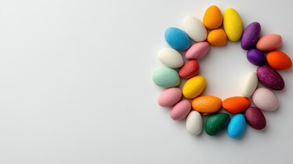 Obraz premium Colorful eggs arranged in circular pattern on white background