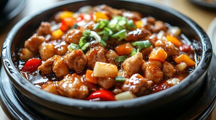 A close-up shot of a bowl of stir-fried chicken with peppers and onions, set against an out-of-focus background. The photo is for a food category on Adobe Stock, in a list with other photos.

