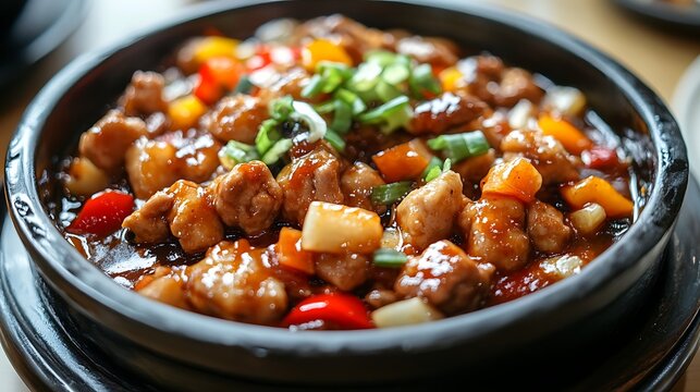 A close-up shot of a bowl of stir-fried chicken with peppers and onions, set against an out-of-focus background. The photo is for a food category on Adobe Stock, in a list with other photos.

