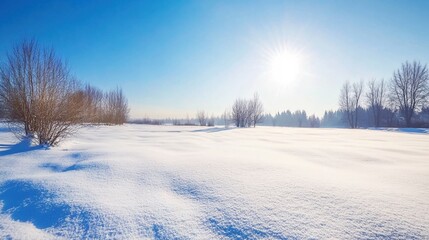 Serene Winter Landscape with Clear Blue Sky and Bright Sunlight Over Snow