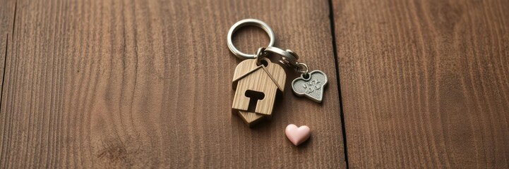 Heart-shaped house key with home keyring on rustic wood, mini hearts, decor, home, valentine