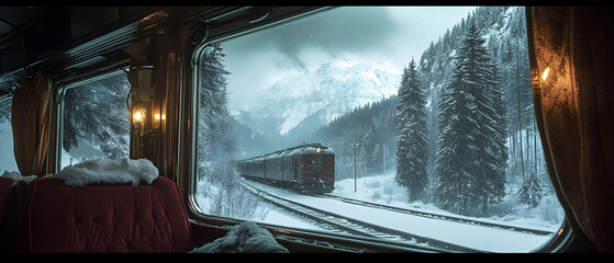 Scenic train journey through snowy mountains. Experience breathtaking landscapes by train. Best train routes in winter scenery. Enjoy winter train travel adventure.