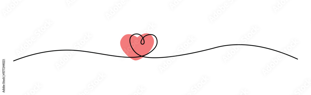 Poster minimalistic continuous one line drawing of a small heart connected to a flowing black line over a s