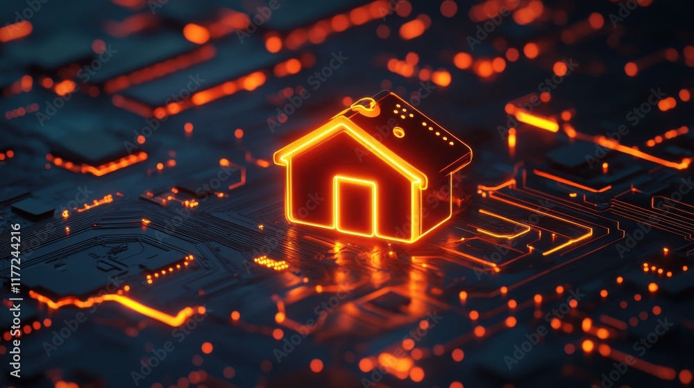 Poster smart system management and smart home technologies concept with glowing digital home icon surrounde
