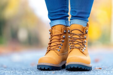 A fashionable pair of hiking boots adorned with a vibrant color palette is showcased against an autumn backdrop lined with fallen leaves and scenic scenery.