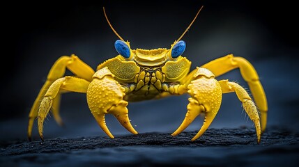 Fototapeta premium Close-up of a vibrant yellow crab with striking blue eyes on a dark background.