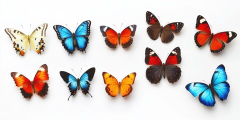 Fototapeta premium Colorful variety of butterflies arranged artfully on a white background showcasing their vibrant wings