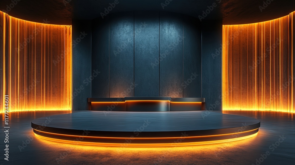 Poster a futuristic 3d podium with a glowing circular design serves as a high-tech stage for a product disp
