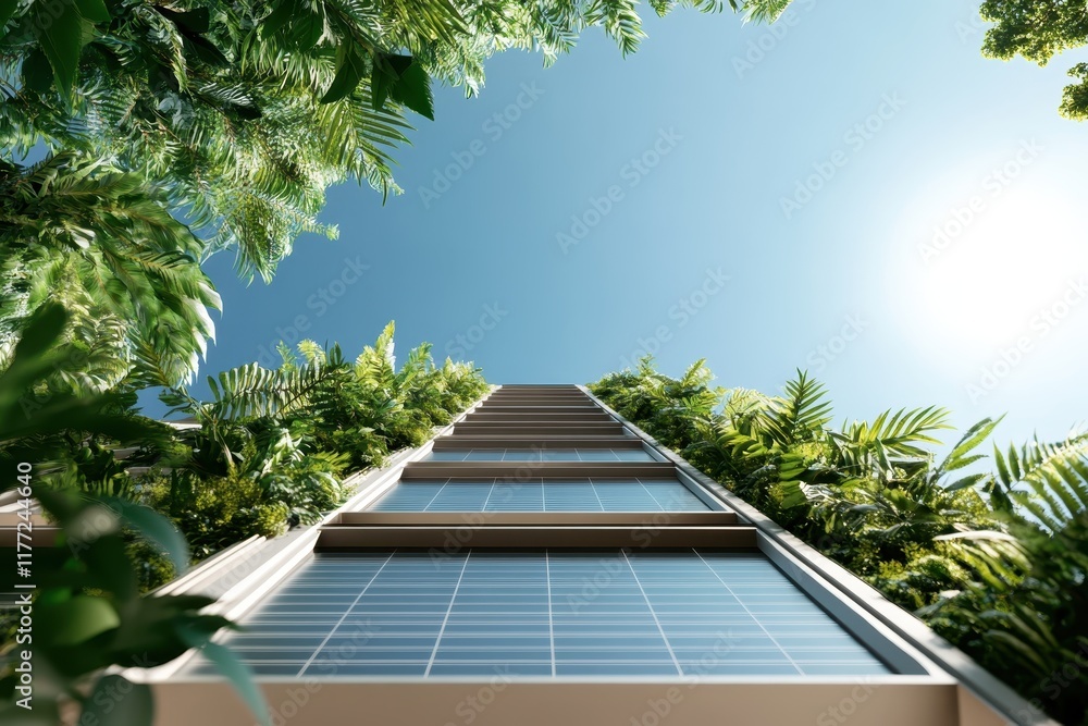 Aufkleber a captivating skyward view of a building enveloped in lush plants emphasizes the connection between 