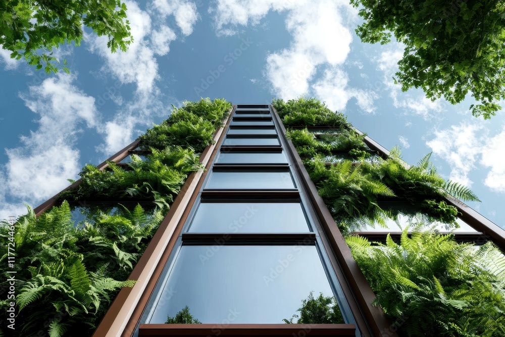 Aufkleber a stunning view of a tall building adorned with greenery and bright clouds overhead illustrates the 