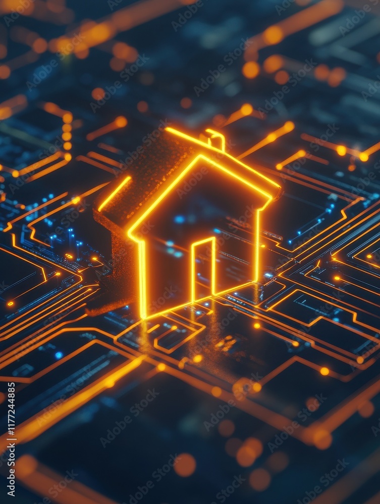 Poster smart system management and smart home technologies concept with glowing digital home icon surrounde