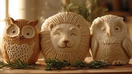 Three adorable animal-shaped bread sculptures owl, lion, owl.