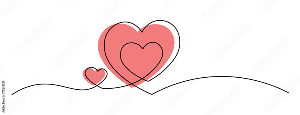 Poster continuous one line drawing of a heart within another heart, featuring soft pink shapes. ideal for v