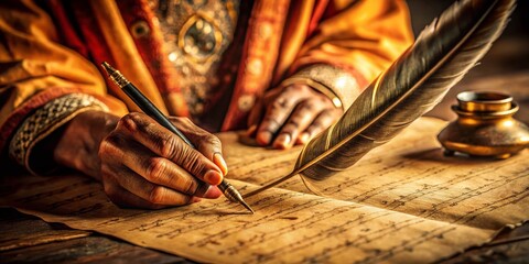 Authentic Script Writing: Close-Up of Hand Writing Sanskrit on Ancient Parchment