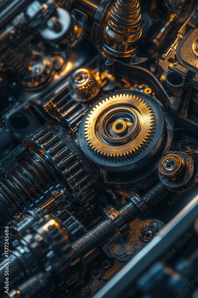 Poster close up of intricate machinery with gears and components, showcasing detail and precision