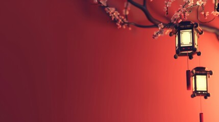Chinese New Year background with lanterns and plum blossom on a red wall, with copy space for text, suitable for banner design, in a flat lay composition.