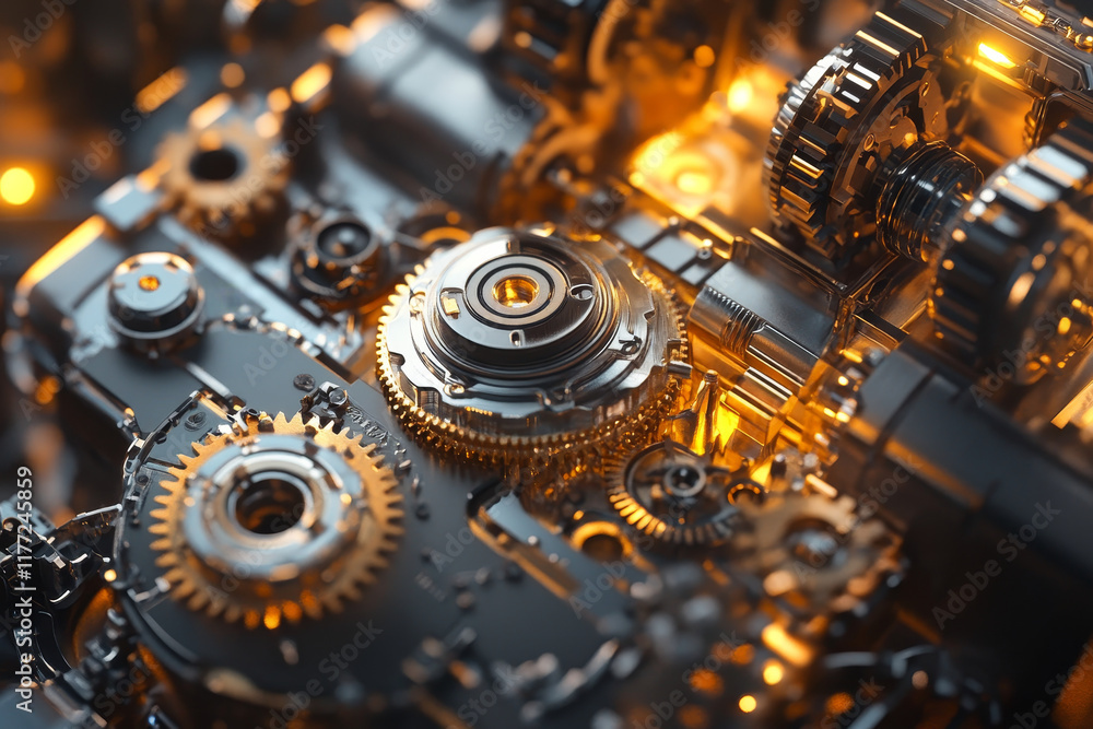 Poster close up of high tech machinery with intricate gears and components