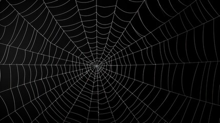 Obraz premium A spider web intricately woven, its delicate threads forming a geometric pattern, set against a stark black wall.