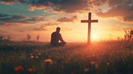 Silhouette of man kneeling near the wooden Christian cross on a nature meadow grass field outdoor at sunset. Religion faith belief repentance prayer, forgiveness hope in Jesus Christ, salvation