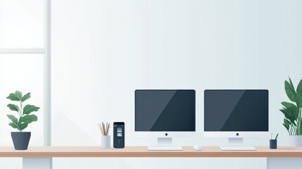 Modern Minimalist Workspace with Dual Monitors, Green Plants, and Stylish Accessories on Light Wooden Desk in Bright Office Environment