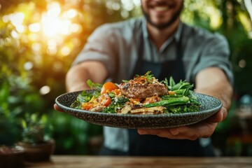 A hearty dish featuring grilled meats and vegetables presented with a warm smile, reflecting the joy of sharing meals and nature’s beauty under the sunlight.