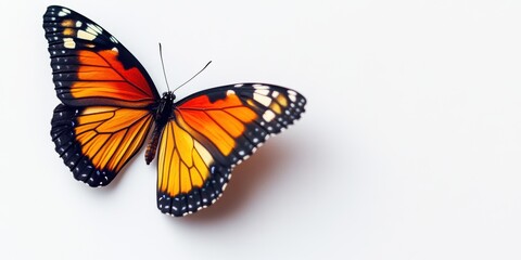 Fototapeta premium Bright orange and black butterfly gracefully resting on a smooth white surface in a serene environment