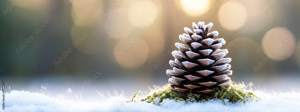Poster snow-covered pine cone on green moss with soft focus background creating a serene winter atmosphere 
