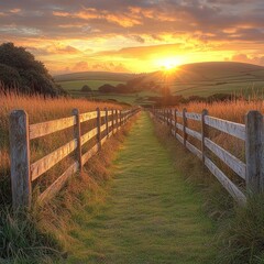 Obraz premium Fenced grassy path at sunset over rolling hills