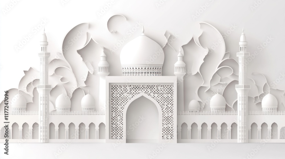 Aufkleber a minimalist paper-cut design of an architectural structure resembling a mosque.