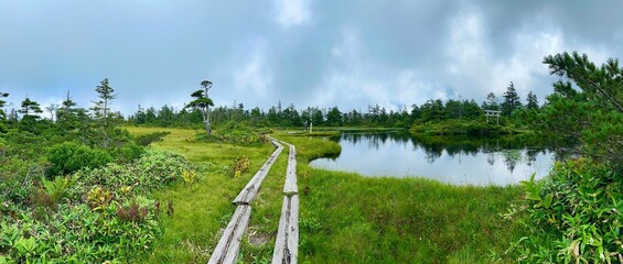 焼額山山頂、稚児池（ちがいけ）青い空と雲と湿地帯の風景