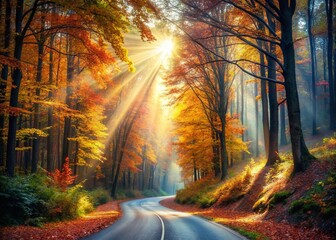 Obraz premium Autumn Forest Road: Double Exposure Photography Stock Image