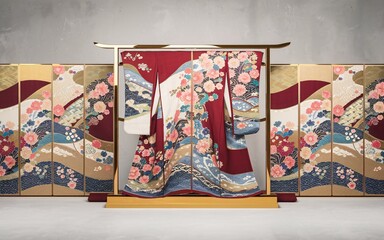 Geisha, Japan Elegant kimono displayed on a stand against a traditional Japanese screen.