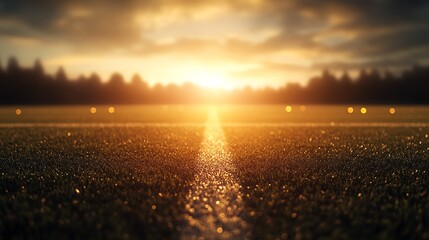 A serene sunset over a sports field, casting a warm glow on the grass and marking the end of a day of activity.