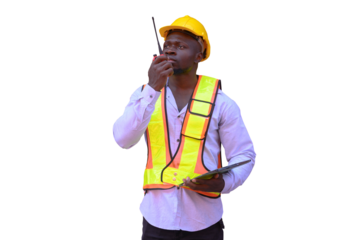 Black engineer maintains industrial plant on transparent background,( PNG )Photo	