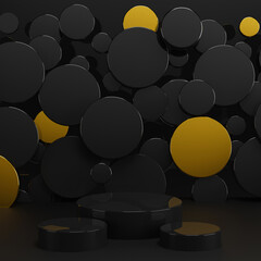 New year black abstract stage mockup -  three black glossy plastic podiums mockup, black, silver circles decor. Template 3D illustration scene for presentation cosmetic products, goods, advertising.