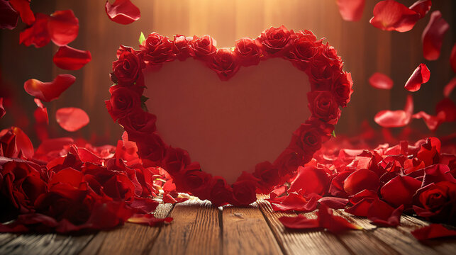 Dreamy Heart-Shaped Gift Box with Red Roses and Falling Petals Background - Powered by Adobe