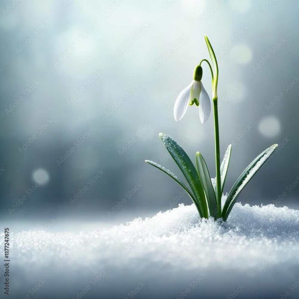 Aufkleber delicate snowdrop flower emerging through snow in soft focus with gentle background light, symbolizi