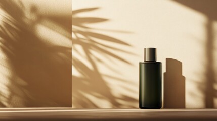 Obraz premium A minimalist scene featuring a dark bottle casting shadows against a textured background.