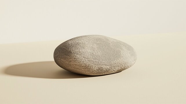 Photorealistic image of a single smooth pebble on a beige background, capturing natural minimalist elegance
