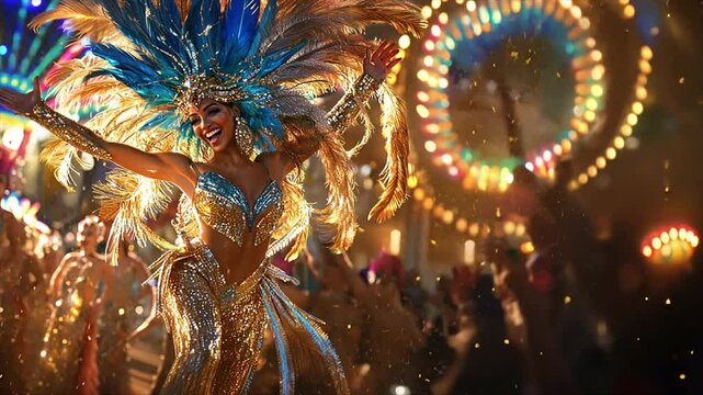Samba dancer in vibrant carnival parade in colorful feathered headdress and sparkling golden costume. Stunning woman dancing at carnival