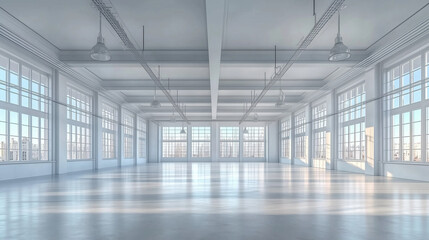Spacious, minimalist white room interior with panoramic windows, perfect for product photography or as a blank canvas for creative projects. High ceilings and wooden floors of a converted factory buil