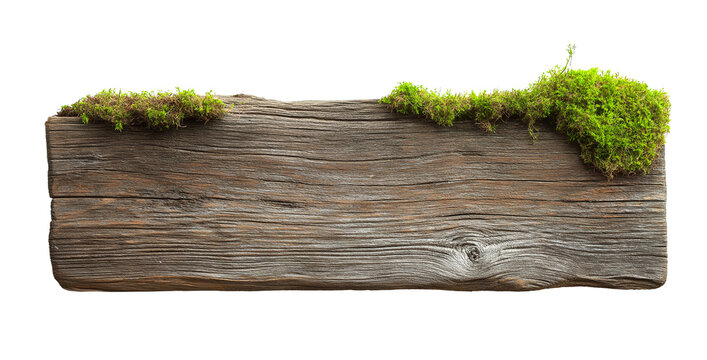 rustic wooden blank sign board with moss plants, blank weathered signpost, cutout png