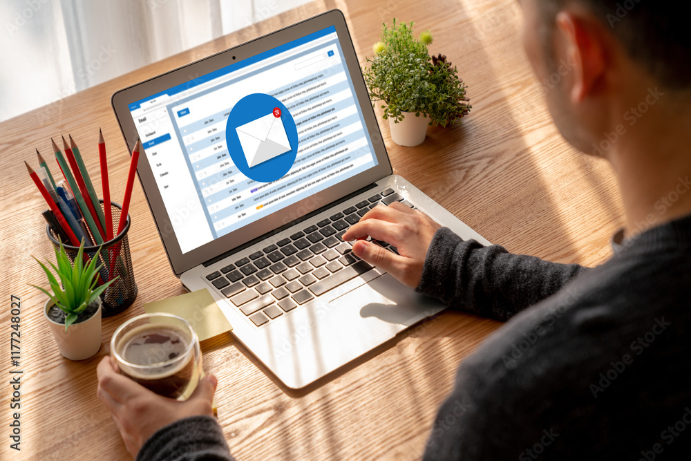 Poster email notification message showing on computer screen snugly. digital marketing message information 