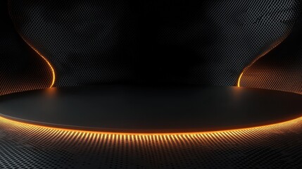 Abstract technological backdrop with glowing waves and geometrical figures and empty space for your logo on dark background. Mockup, 3D rendering