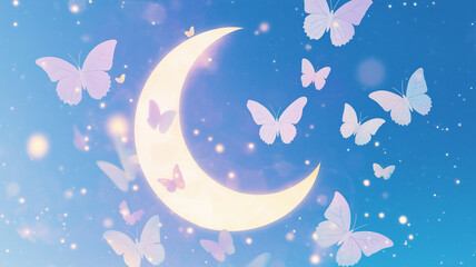 Glowing crescent moon and butterflies, aesthetic scenery